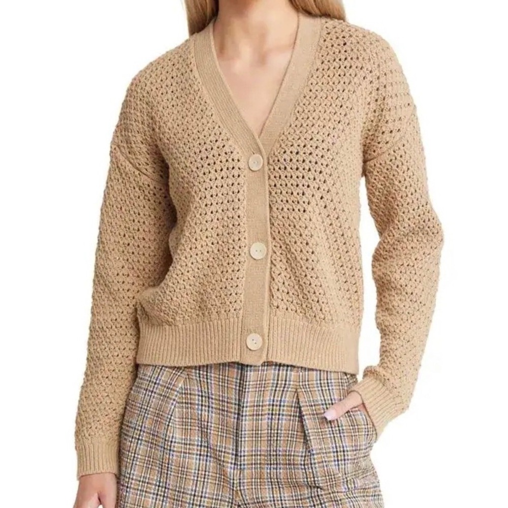 Madewell Open-Stitch Cropped Cardigan Women Large Tan Cotton V-Neck Sweater